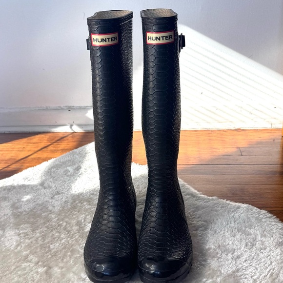 Hunter Black Embossed Original Tall Waterproof Boots Sz 7 - Picture 7 of 13